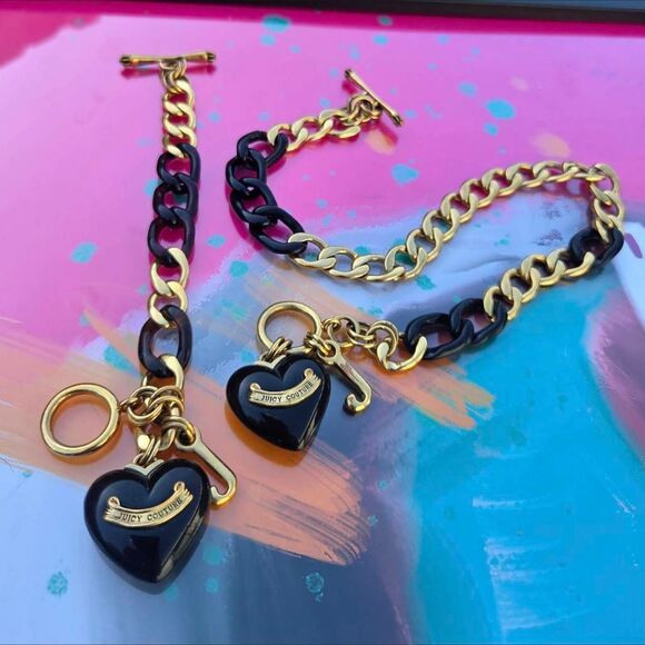 Juicy Couture Y2K Root Beer Gold Plated Heart Vintage Charm Bracelet&Necklace Se - Picture 1 of 9